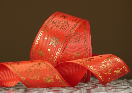 Репсова новорічна стрічка "Ялинка" червоний (4,0 см *23 м) (1рулон)