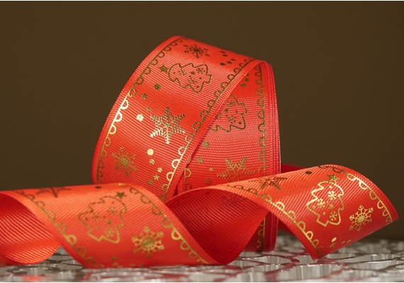 Репсова новорічна стрічка "Ялинка" червоний (4,0 см *23 м) (1рулон)