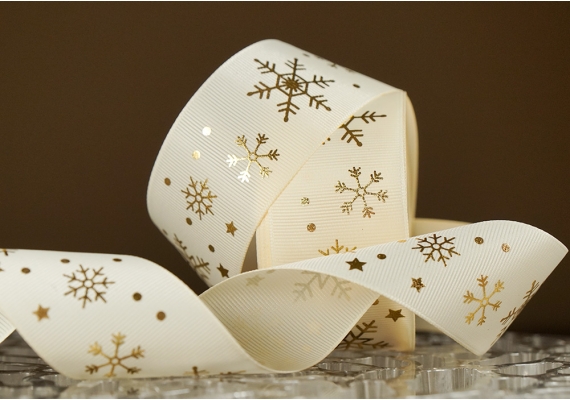 Репсова новорічна стрічка "Сніжинки" молочний (4,0 см *23 м) (1рулон)