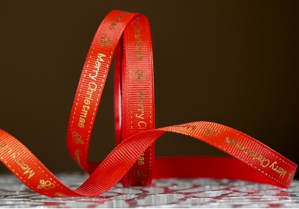 Репсова новорічна стрічка "Merry Christmas" червоний  (1,2 см *23 м) (1рулон)