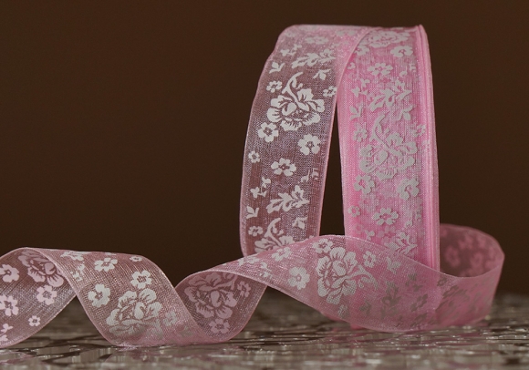 Стрічка ОРГАНЗА з принтом "КВІТИ" (2,5 см *45 м), ніжно-рожевий (№04m) (1рулон)