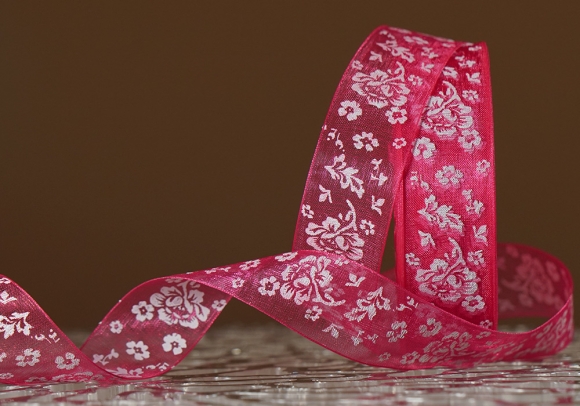 Стрічка ОРГАНЗА з принтом "КВІТИ" (2,5 см *45 м), рожевий (№05m) (1рулон)