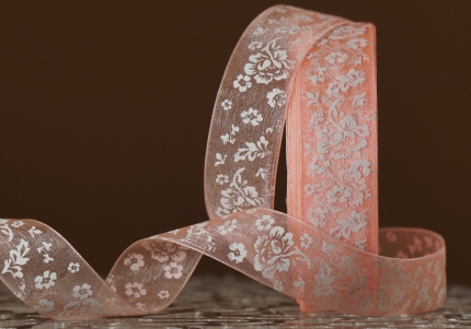 Стрічка ОРГАНЗА з принтом "КВІТИ" (2,5 см *45 м), ніжно-персиковий (№07m) (1рулон)