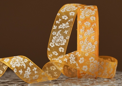 Стрічка ОРГАНЗА з принтом "КВІТИ" (2,5 см *45 м), золотисто-жовтий (№17m) (1рулон)