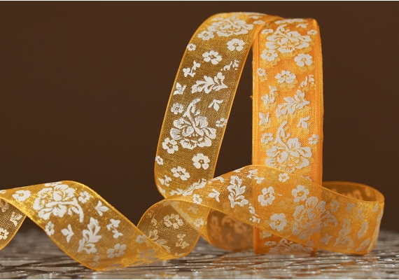 Стрічка ОРГАНЗА з принтом "КВІТИ" (2,5 см *45 м), золотисто-жовтий (№17m) (1рулон) Стрічка ОРГАНЗА з принтом "КВІТИ" (2,5 см *45 м), золотисто-жовтий (№17m) (1рулон)
