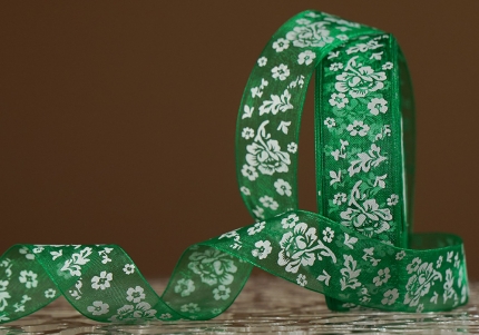 Стрічка ОРГАНЗА з принтом "КВІТИ" (2,5 см *45 м), зелений (№19m) (1рулон)