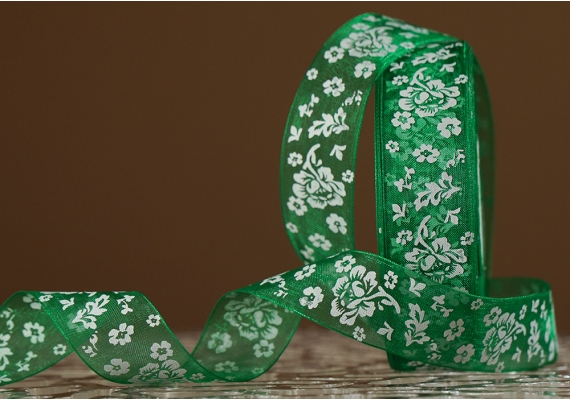 Стрічка ОРГАНЗА з принтом "КВІТИ" (2,5 см *45 м), зелений (№19m) (1рулон) Стрічка ОРГАНЗА з принтом "КВІТИ" (2,5 см *45 м), зелений (№19m) (1рулон)