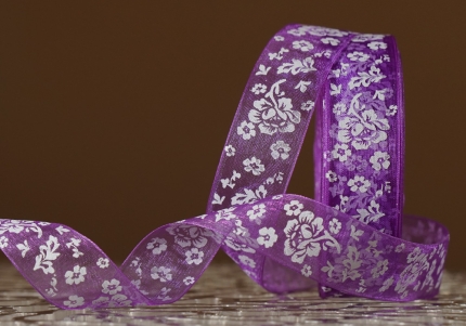 Стрічка ОРГАНЗА з принтом "КВІТИ" (2,5 см *45 м), пурпурно-фіолетовий (№182m) (1рулон)