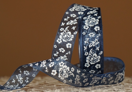 Стрічка ОРГАНЗА з принтом "КВІТИ" (2,5 см *45 м), морський-синій (№38m) (1рулон)