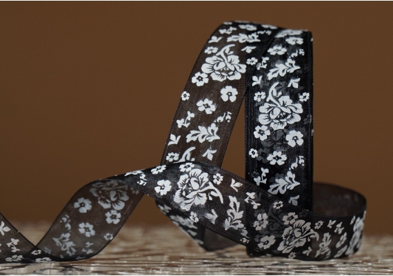 Стрічка ОРГАНЗА з принтом "КВІТИ" (2,5 см *45 м), чорний (№39m) (1рулон) Стрічка ОРГАНЗА з принтом "КВІТИ" (2,5 см *45 м), чорний (№39m) (1рулон)