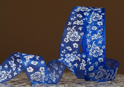 Стрічка ОРГАНЗА з принтом "КВІТИ" (2,5 см *45 м), темно-синій (№40m) (1рулон)