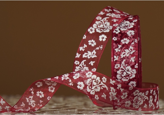 Стрічка ОРГАНЗА з принтом "КВІТИ" (2,5 см *45 м), бордовий (№48m) (1рулон) Стрічка ОРГАНЗА з принтом "КВІТИ" (2,5 см *45 м), бордовий (№48m) (1рулон)