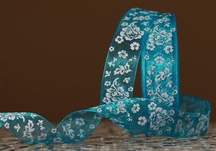 Стрічка ОРГАНЗА з принтом "КВІТИ" (2,5 см *45 м), світло-бірюзовий (№62m) (1рулон)