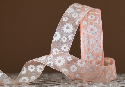 Стрічка ОРГАНЗА з принтом "КВІТИ-2" (2,5 см *45 м), світло-персиковий (№06m) (1рулон)