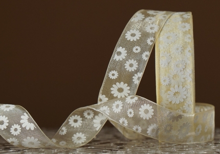 Стрічка ОРГАНЗА з принтом "КВІТИ-2" (2,5 см *45 м), світло-жовтий (№10m) (1рулон)