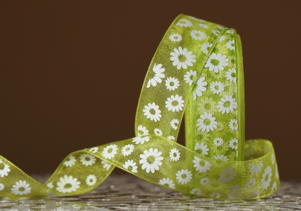 Стрічка ОРГАНЗА з принтом "КВІТИ-2" (2,5 см *45 м), травнево-зелений (№108m) (1рулон)