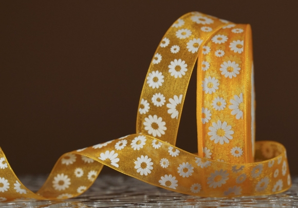 Стрічка ОРГАНЗА з принтом "КВІТИ-2" (2,5 см *45 м), золотисто-жовтий (№17m)(1рулон)