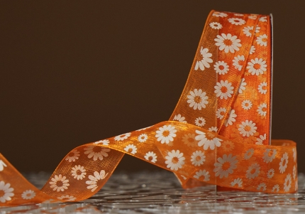 Стрічка ОРГАНЗА з принтом "КВІТИ-2" (2,5 см *45 м), темно-помаранчевий (№24m) (1рулон)