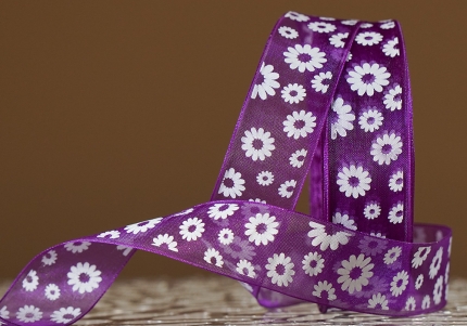 Стрічка ОРГАНЗА з принтом "КВІТИ-2" (2,5 см *45 м), пурпурно-фіолетовий (№182m) (1рулон)