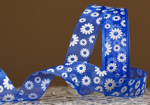 Стрічка ОРГАНЗА з принтом "КВІТИ-2" (2,5 см *45 м), темно-синій (№40m) (1рулон)