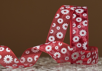 Стрічка ОРГАНЗА з принтом "КВІТИ-2" (2,5 см *45 м), бордовий (№48m) (1рулон)